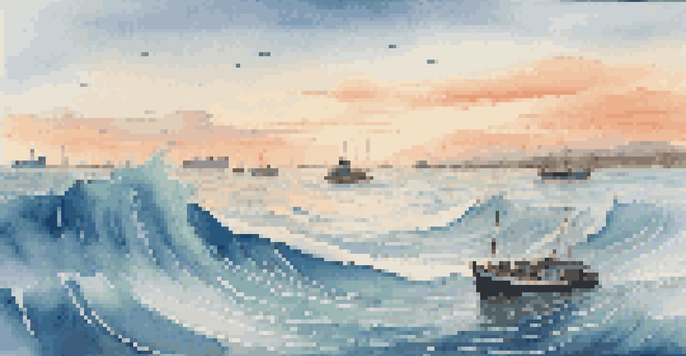 A serene ocean landscape with gentle waves and a boat labeled 'Investor' navigating through floating charts and graphs, symbolizing the bond market.