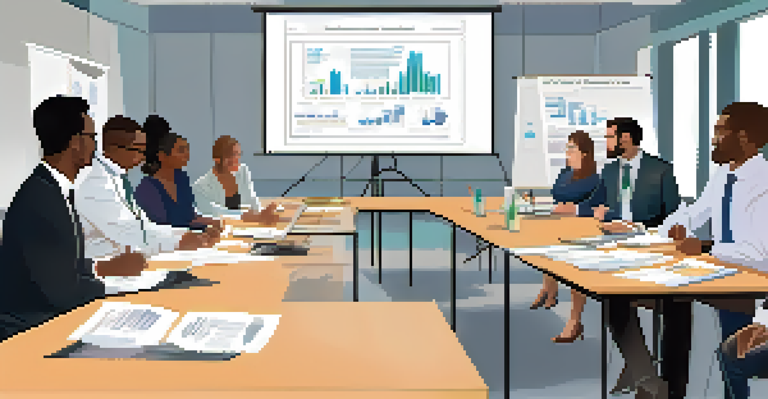 Diverse professionals in a training session with charts and compliance documents.