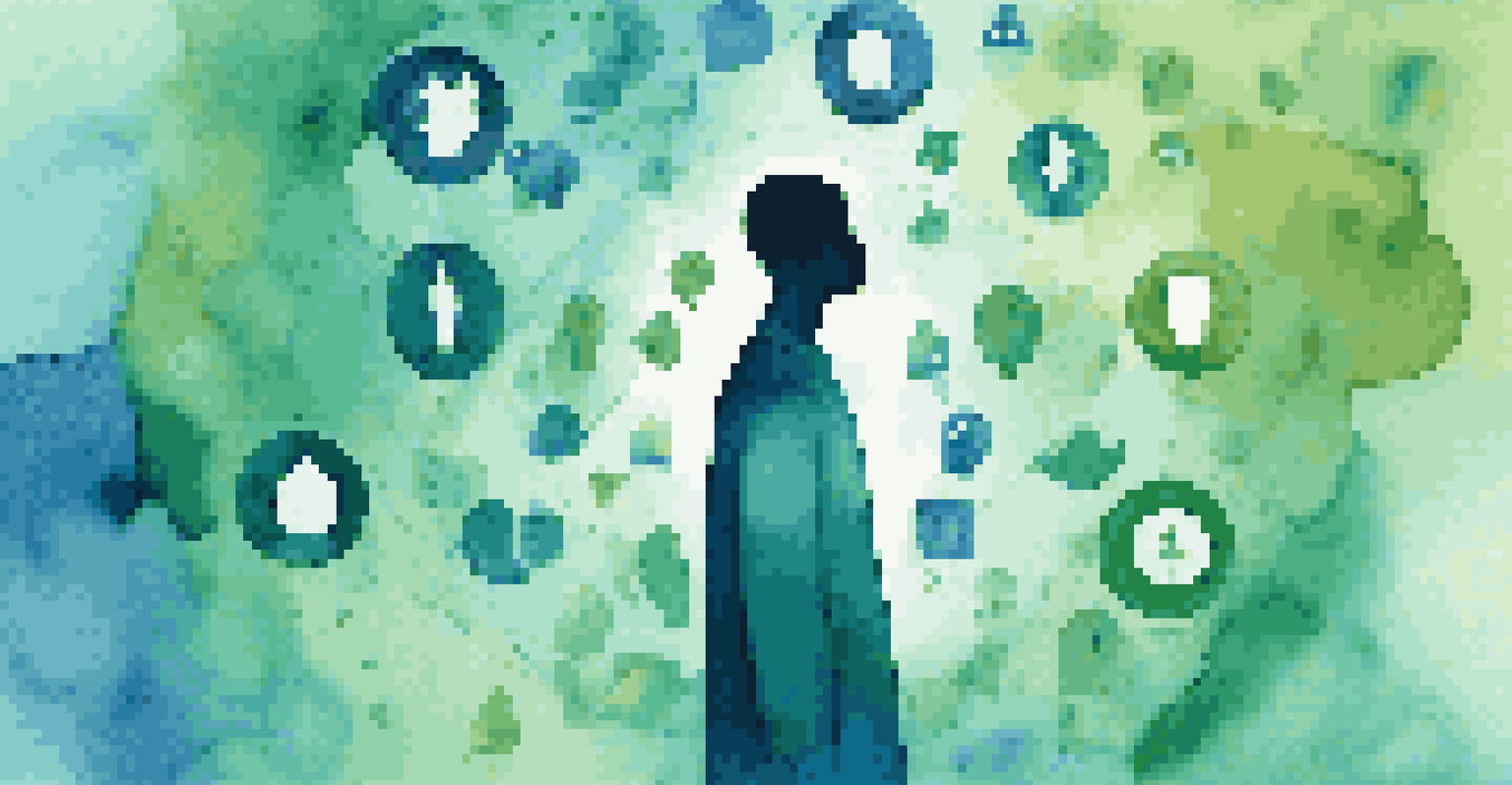 An abstract image depicting self-awareness in finance with a silhouette surrounded by icons of emotions and financial goals in calming colors.
