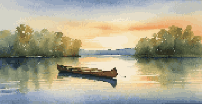 A tranquil lake surrounded by green trees, with a canoe at the shore during sunset.