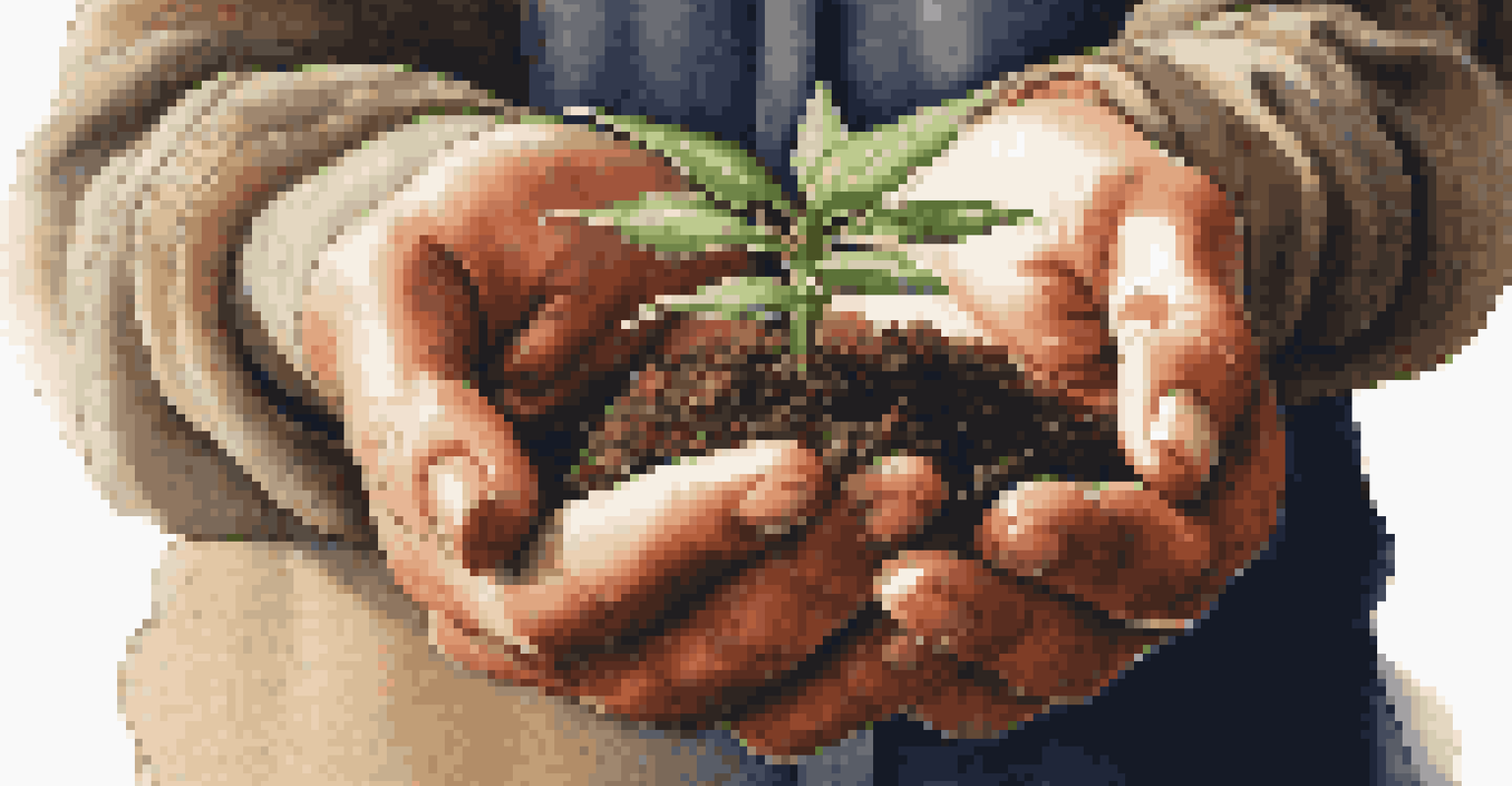 A close-up of hands holding a small green plant, symbolizing growth and nurturing.