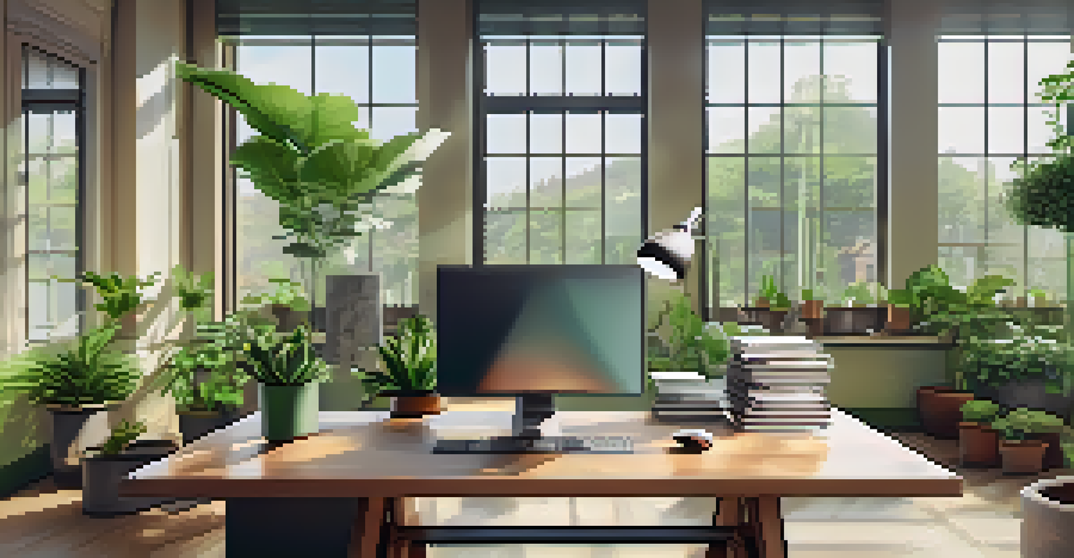 A modern office with a desk, laptop, and plants, featuring a chart on inflation rates in a bright environment.