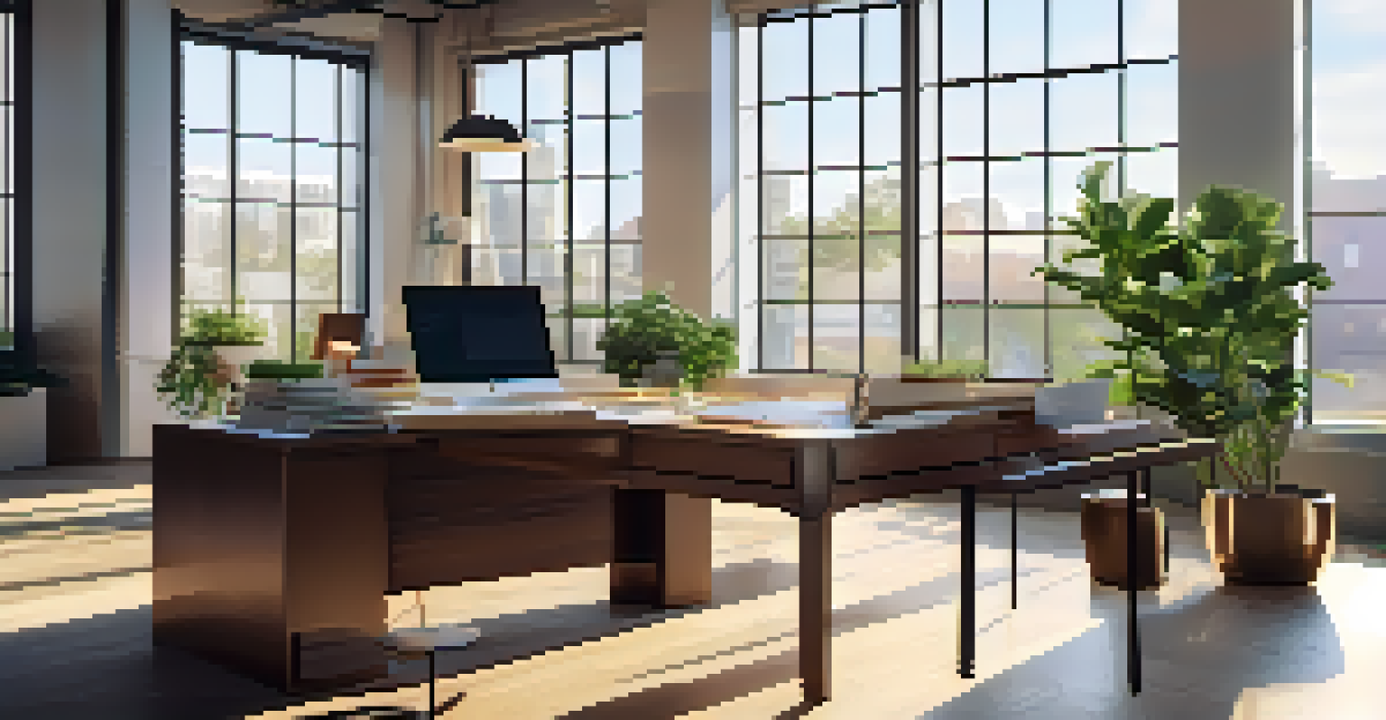 A contemporary office with a wooden desk, laptop, financial papers, and a bright window.