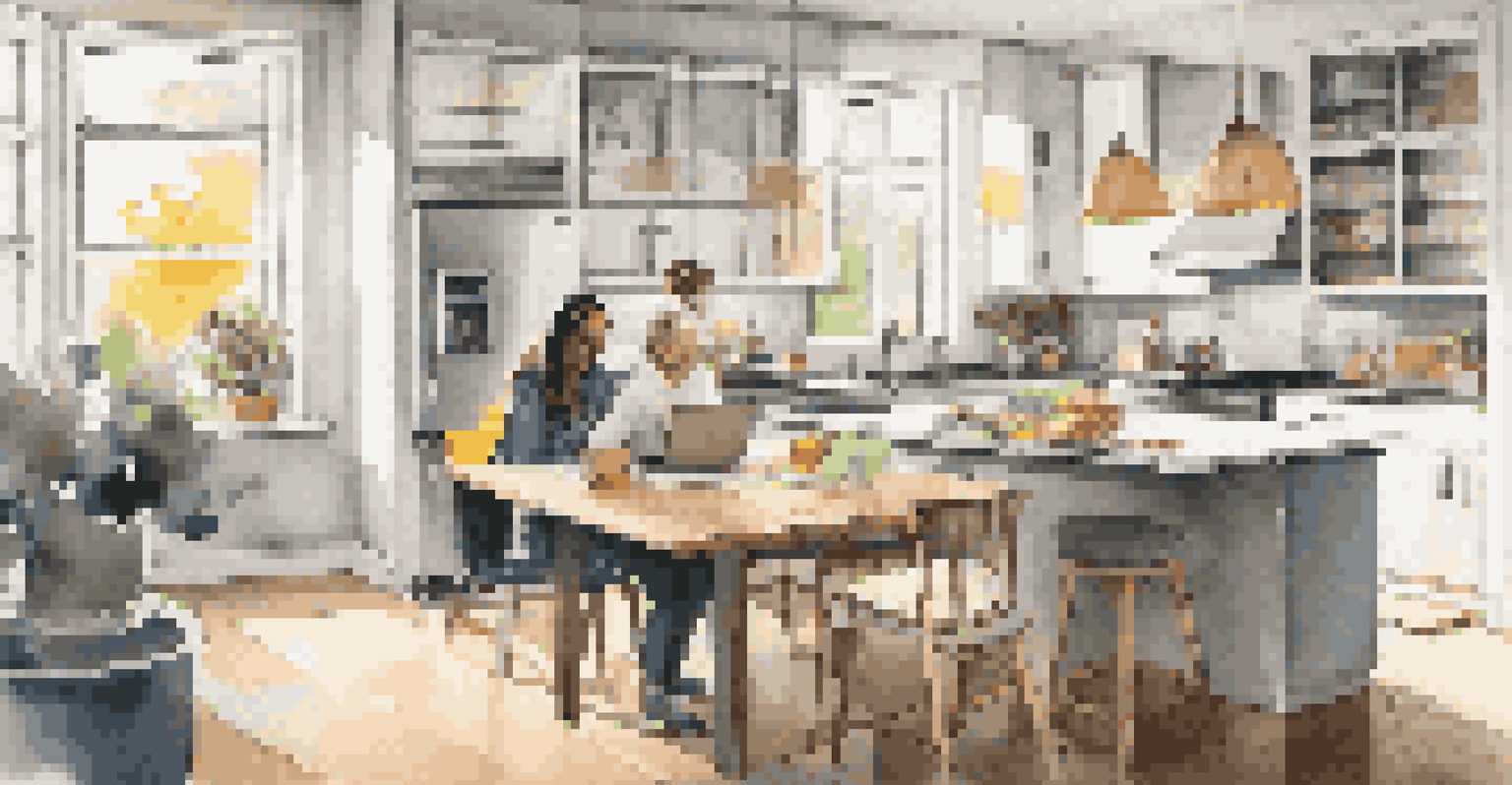 A couple working together in their kitchen to create a budget, surrounded by notes and a laptop.