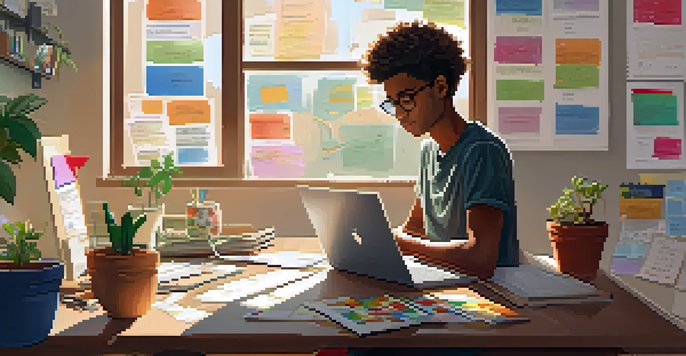 A teenager working diligently on a budget at a desk in a bright, inviting room, with plants and posters around them.