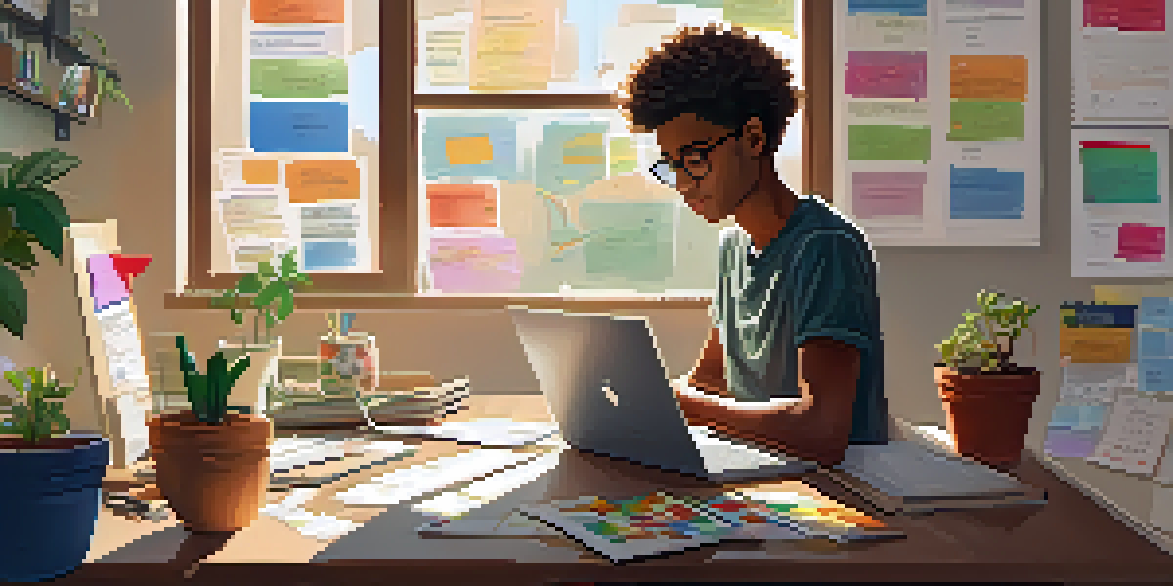 A teenager working diligently on a budget at a desk in a bright, inviting room, with plants and posters around them.