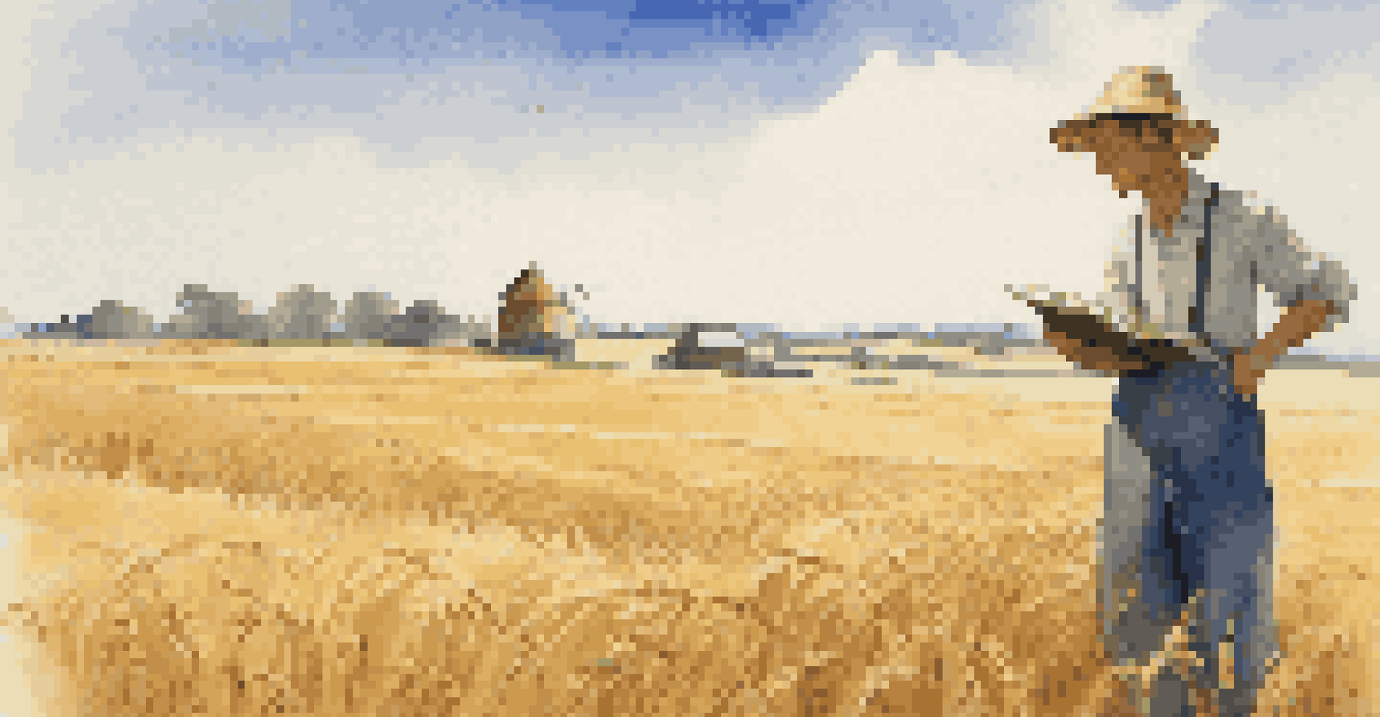 An agricultural landscape with wheat fields and a farmer checking notes under a blue sky.