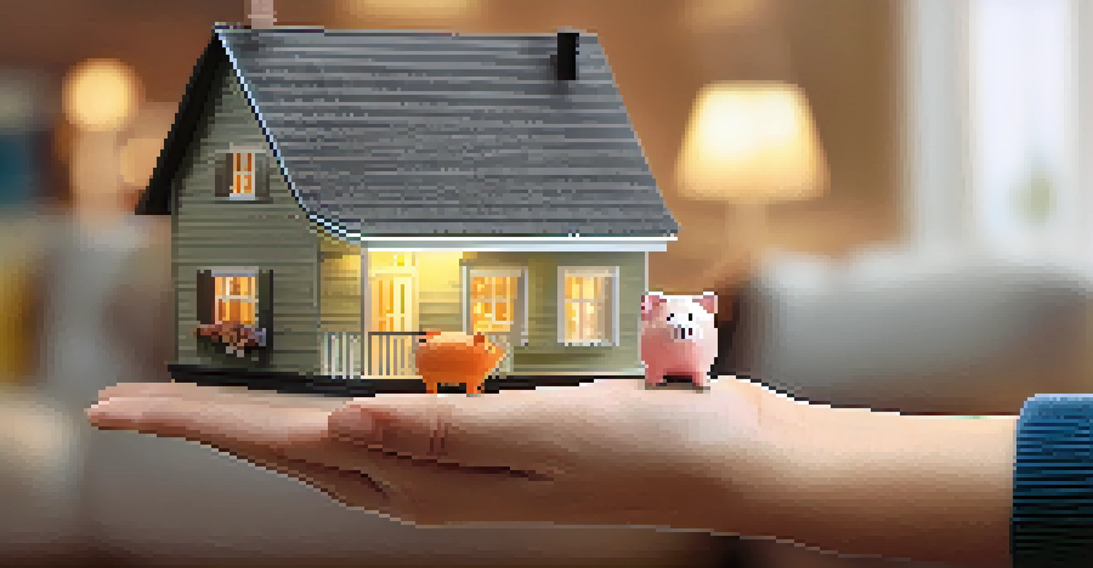 A hand holding a miniature house and a piggy bank with a cozy living room in the background.