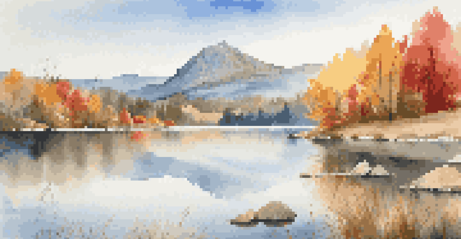 A peaceful mountain landscape in autumn with colorful trees and a reflective lake under a blue sky.