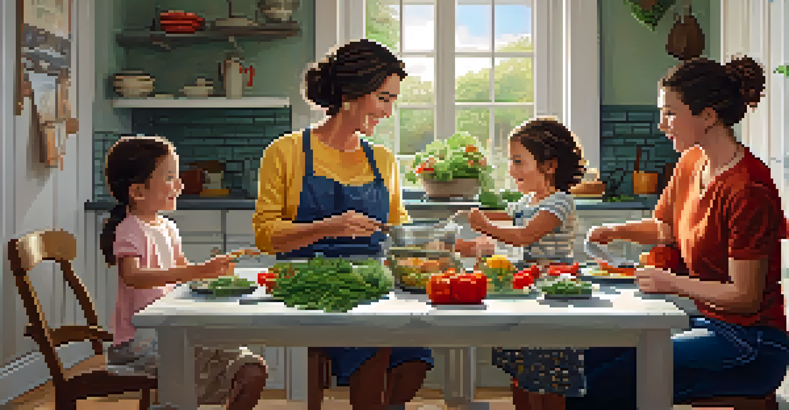 A family enjoying quality time together while cooking a meal at the dining table, filled with fresh ingredients.
