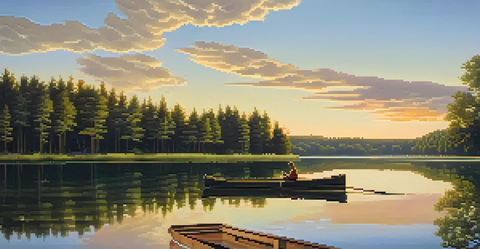 A peaceful landscape with a calm lake, green forests, and a sunset reflection.