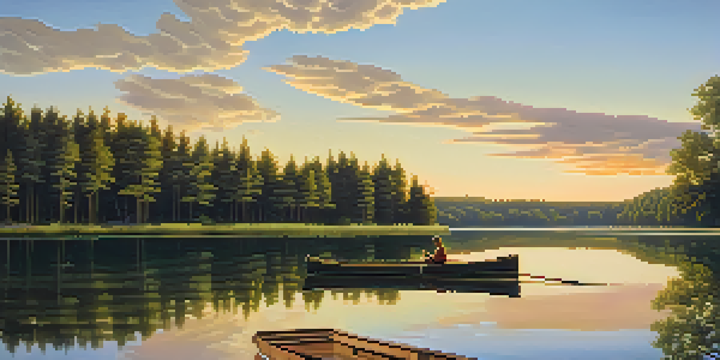 A peaceful landscape with a calm lake, green forests, and a sunset reflection.