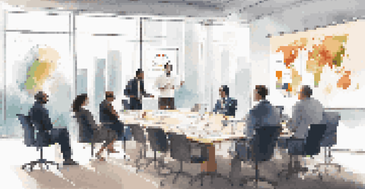 A diverse group of professionals discussing ethical investment strategies in a bright boardroom filled with charts and graphs.