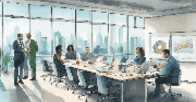 A diverse group of professionals in a modern office discussing compliance regulations, with a city skyline view and digital screen displaying finance graphs.