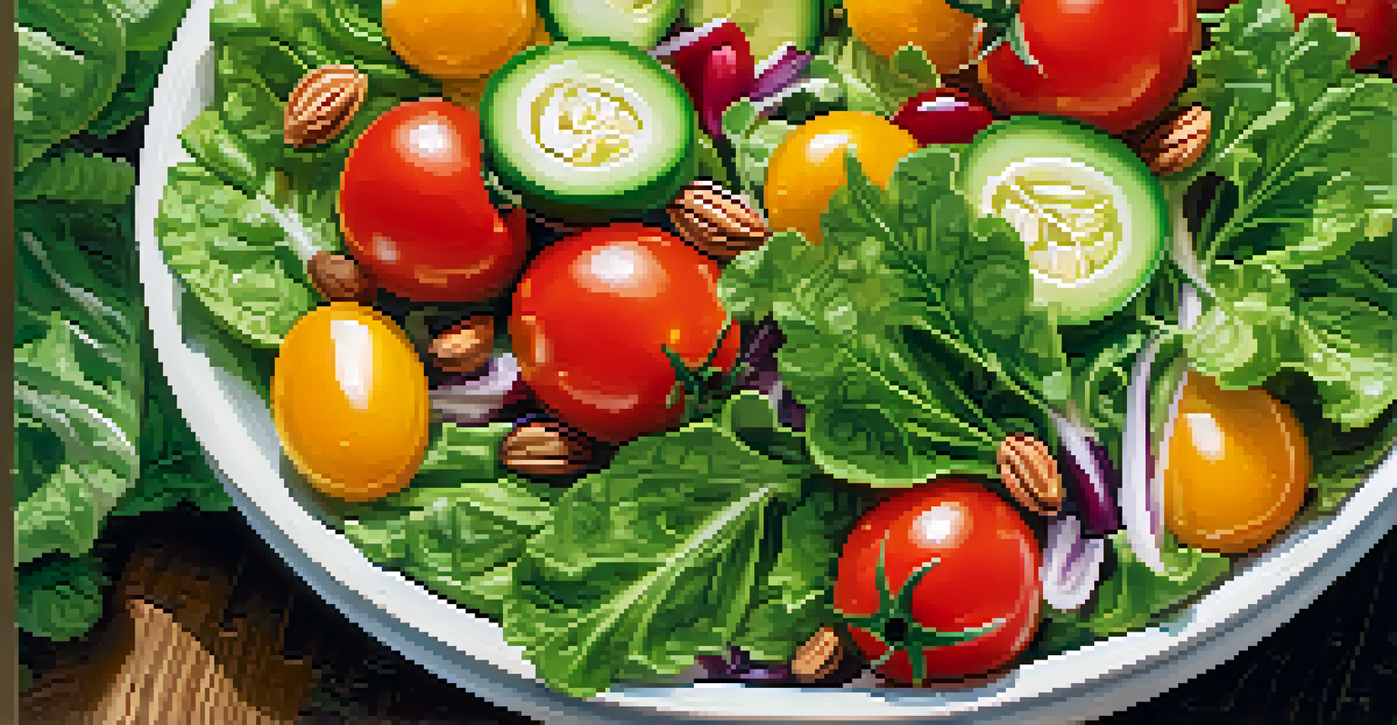 A colorful salad bowl with cherry tomatoes, cucumbers, leafy greens, and nuts, drizzled with olive oil.