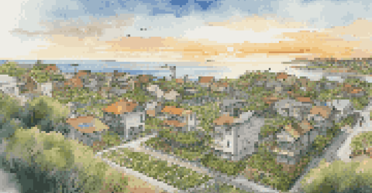 Aerial view of a coastal town undergoing recovery with solar panels and green roofs, representing sustainability and resilience.