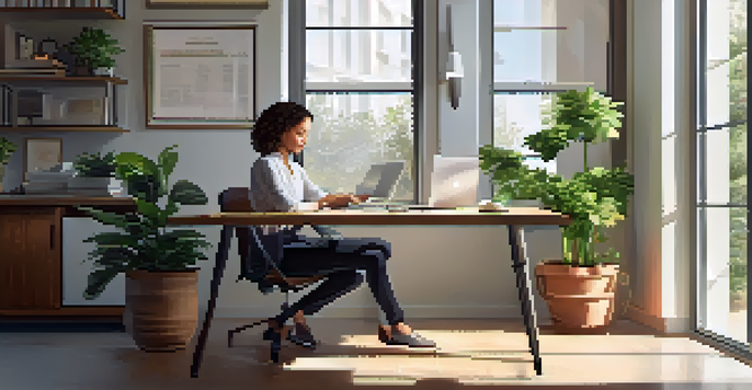 A person in a bright office setting analyzing retirement plans on a laptop, surrounded by plants and a tidy workspace.