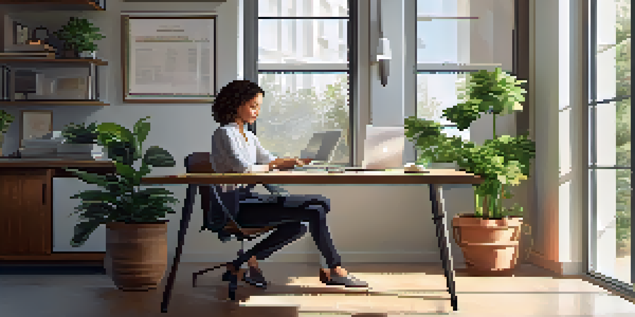 A person in a bright office setting analyzing retirement plans on a laptop, surrounded by plants and a tidy workspace.
