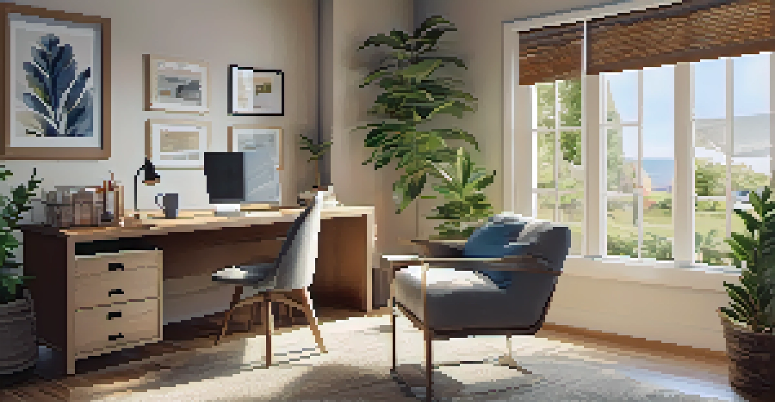 A cozy home office with a desk, laptop, and financial documents, illuminated by natural light.