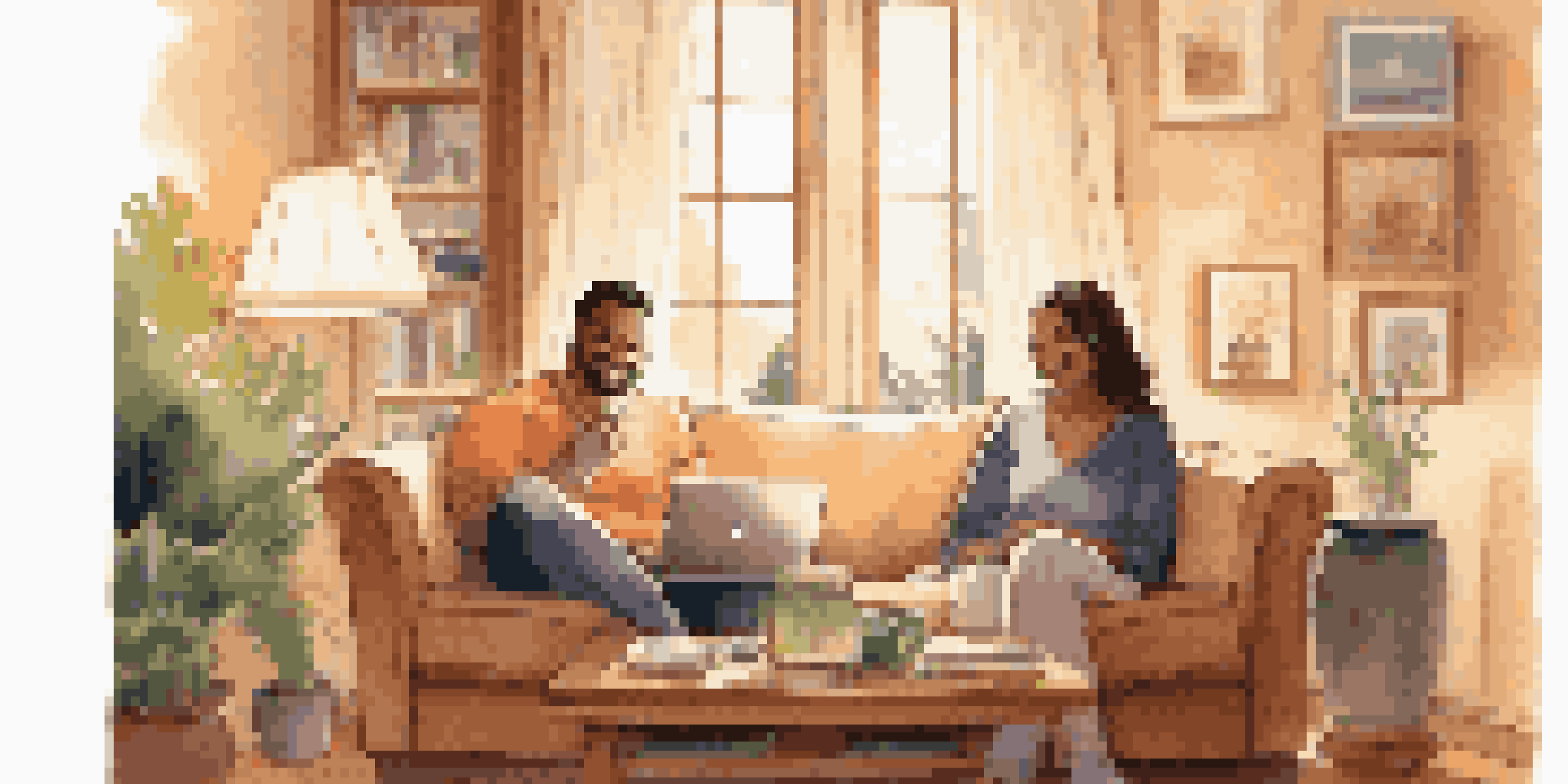 A couple in a cozy living room reviewing their financial milestones on a laptop, with a milestone jar beside them.
