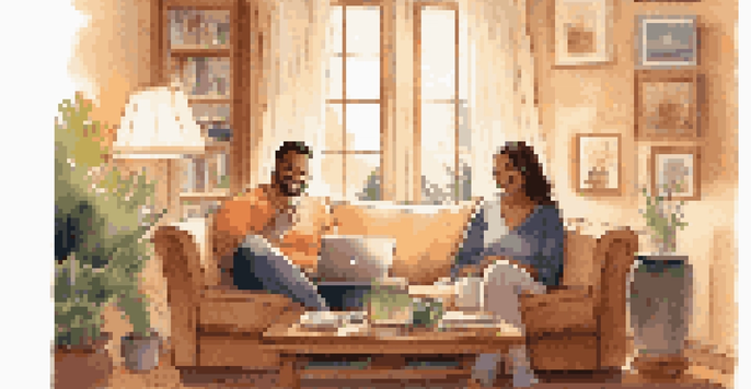 A couple in a cozy living room reviewing their financial milestones on a laptop, with a milestone jar beside them.