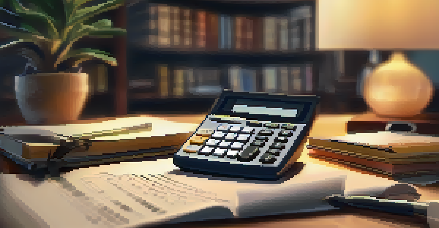 A hand using a calculator and taking notes on retirement finances in a cozy home office environment.