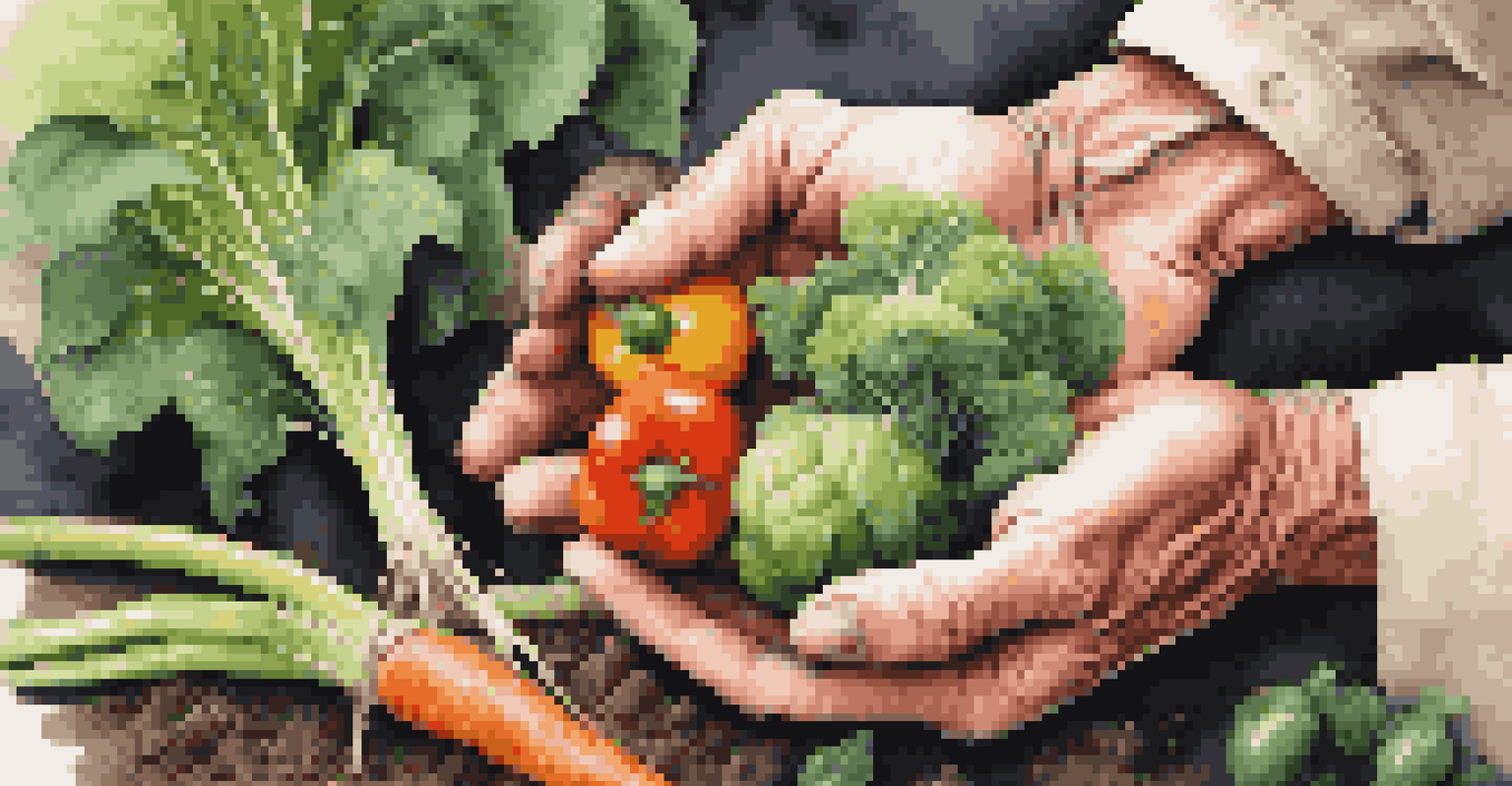A close-up of a farmer's hands with freshly harvested vegetables, surrounded by a vibrant garden with green plants.