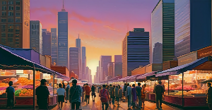 A colorful city skyline at sunset with skyscrapers reflecting warm hues and a busy street filled with people and cars.