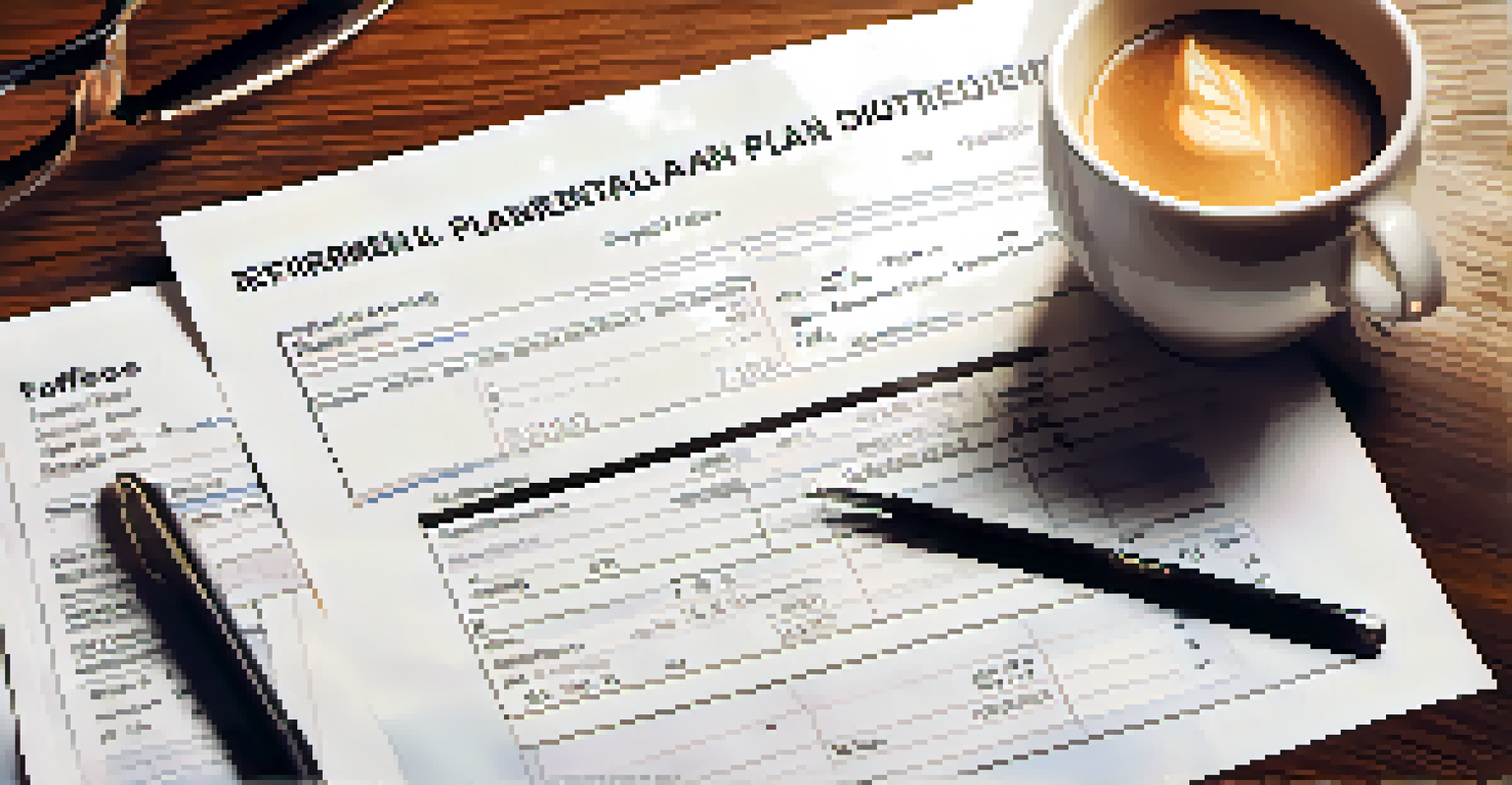 A close-up of a retirement plan document with a calculator and coffee on a wooden table.