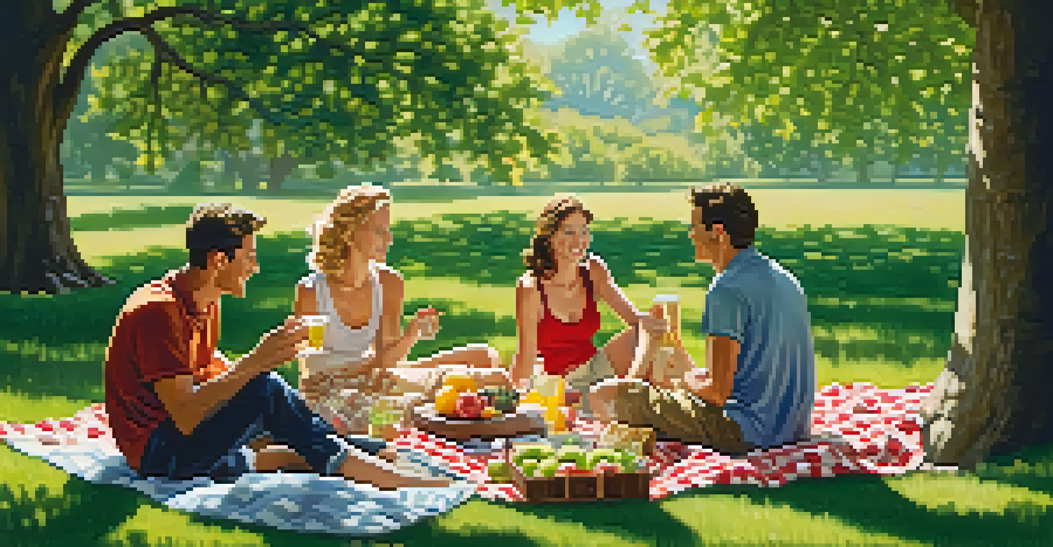 Friends having a picnic in a green park with snacks and drinks on a checkered blanket.