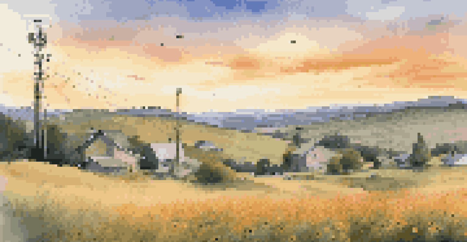 A rural landscape with a cell tower at sunset, highlighting the accessibility of telecommunications in countryside areas.