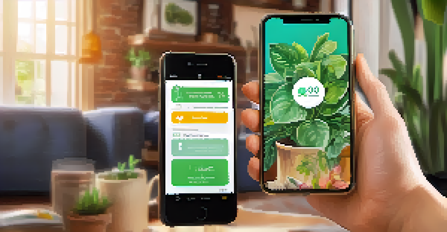 A close-up of a hand holding a smartphone showing a crowdfunding app against a cozy living room backdrop.