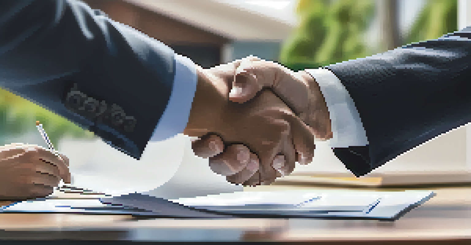A close-up of a handshake over a real estate contract with a modern home in the background.