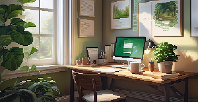 A warm home office with a wooden desk, laptop, notepad, coffee, and sunlight streaming through a window.