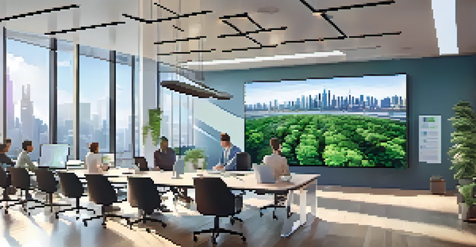 A diverse group of professionals in a modern office discussing blockchain technology, with a city skyline in the background and digital devices on the table.