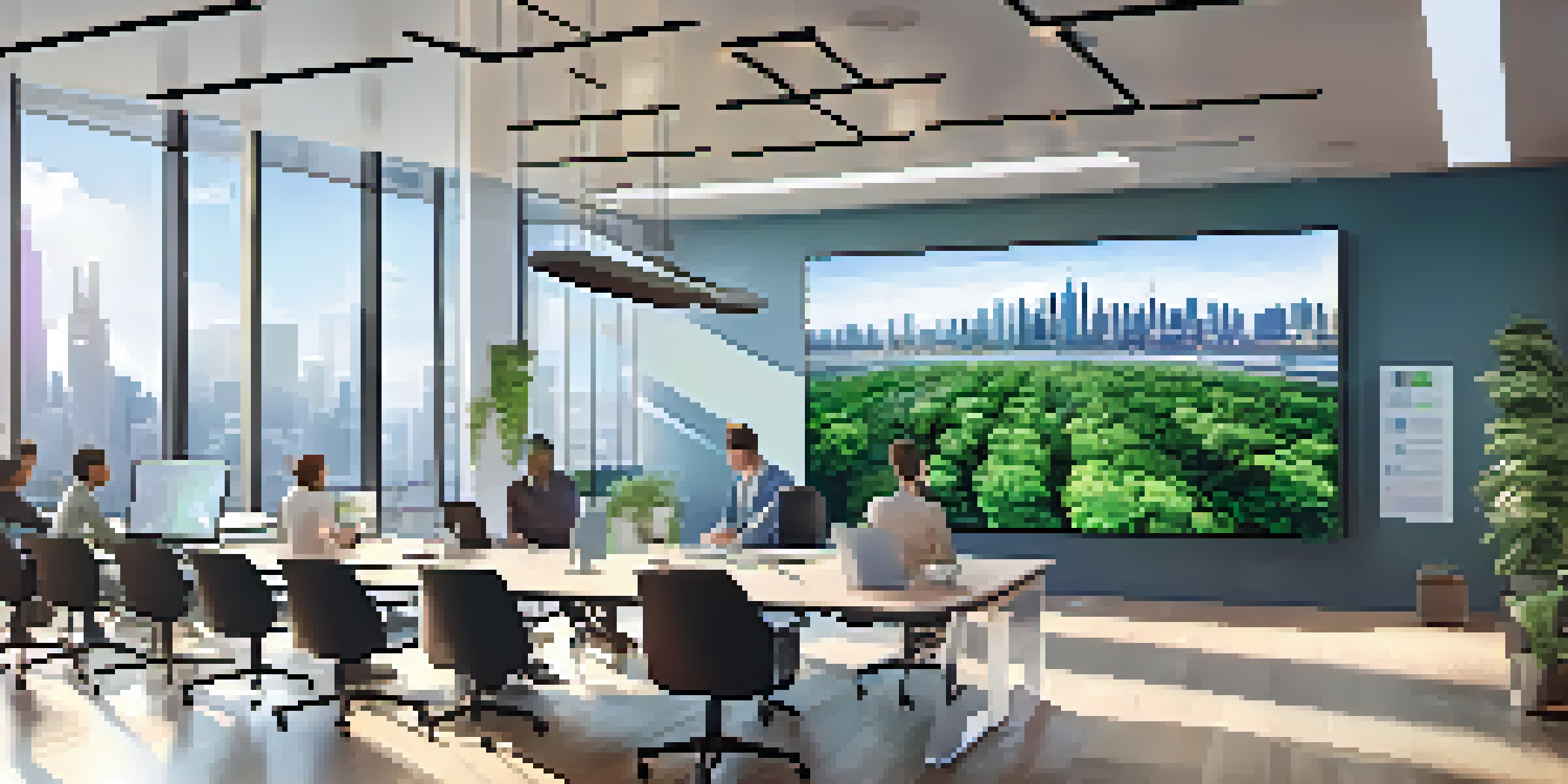 A diverse group of professionals in a modern office discussing blockchain technology, with a city skyline in the background and digital devices on the table.