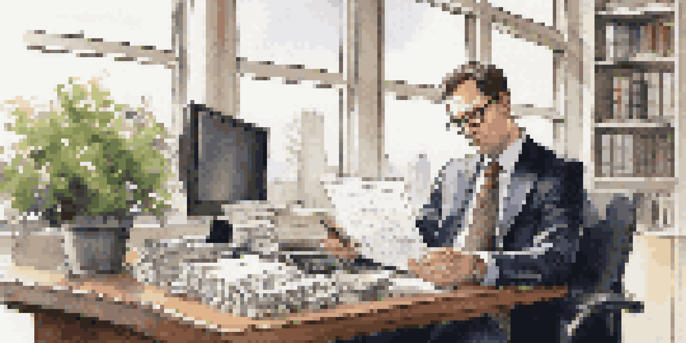 An accountant focused on reviewing financial statements in a bright office setting.