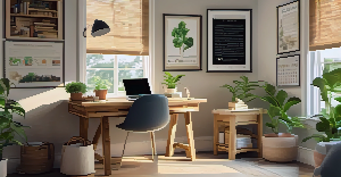 A cozy study space with a desk, laptop, and plants, illuminated by natural light, showcasing an educational atmosphere.