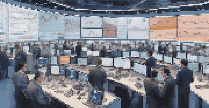 A vibrant financial trading floor with diverse traders immersed in technology, surrounded by screens showing stock charts and market updates.