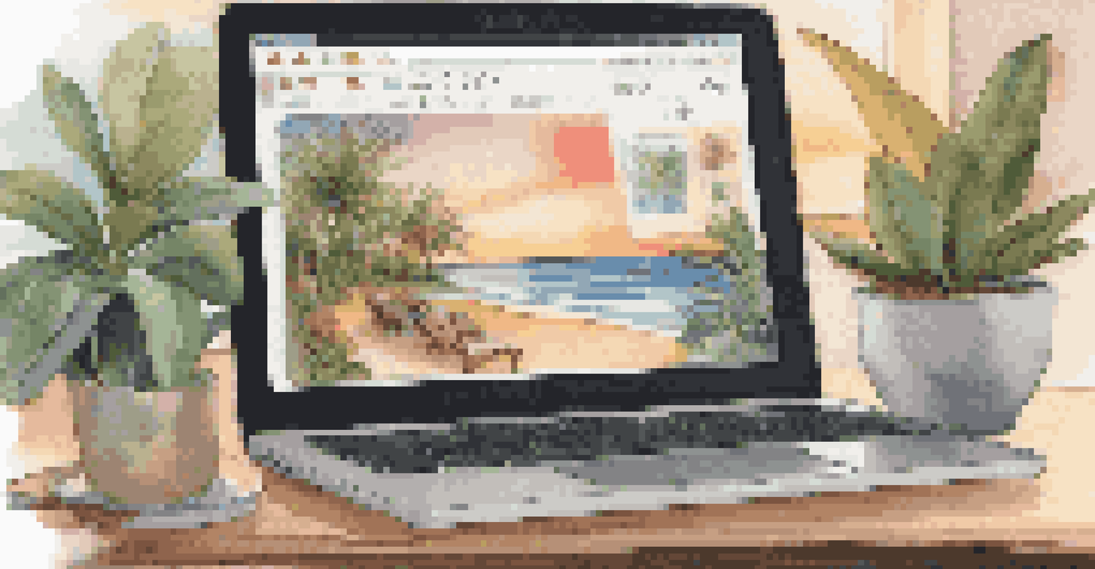 A laptop displaying a digital vision board with images of financial goals, set in a cozy workspace with warm lighting.