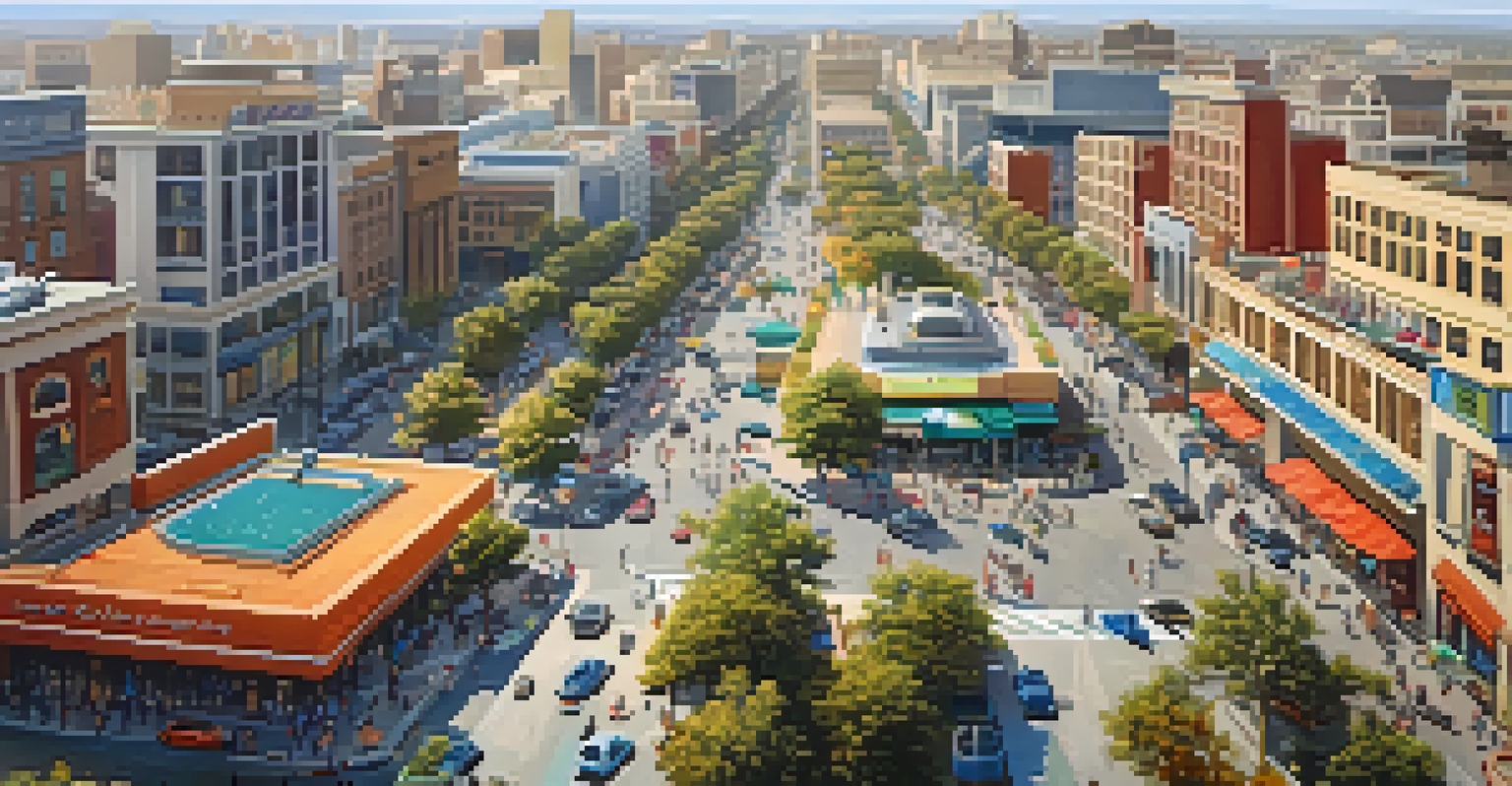 An aerial shot of a lively urban area filled with commercial properties, streets with cars, and people in parks.
