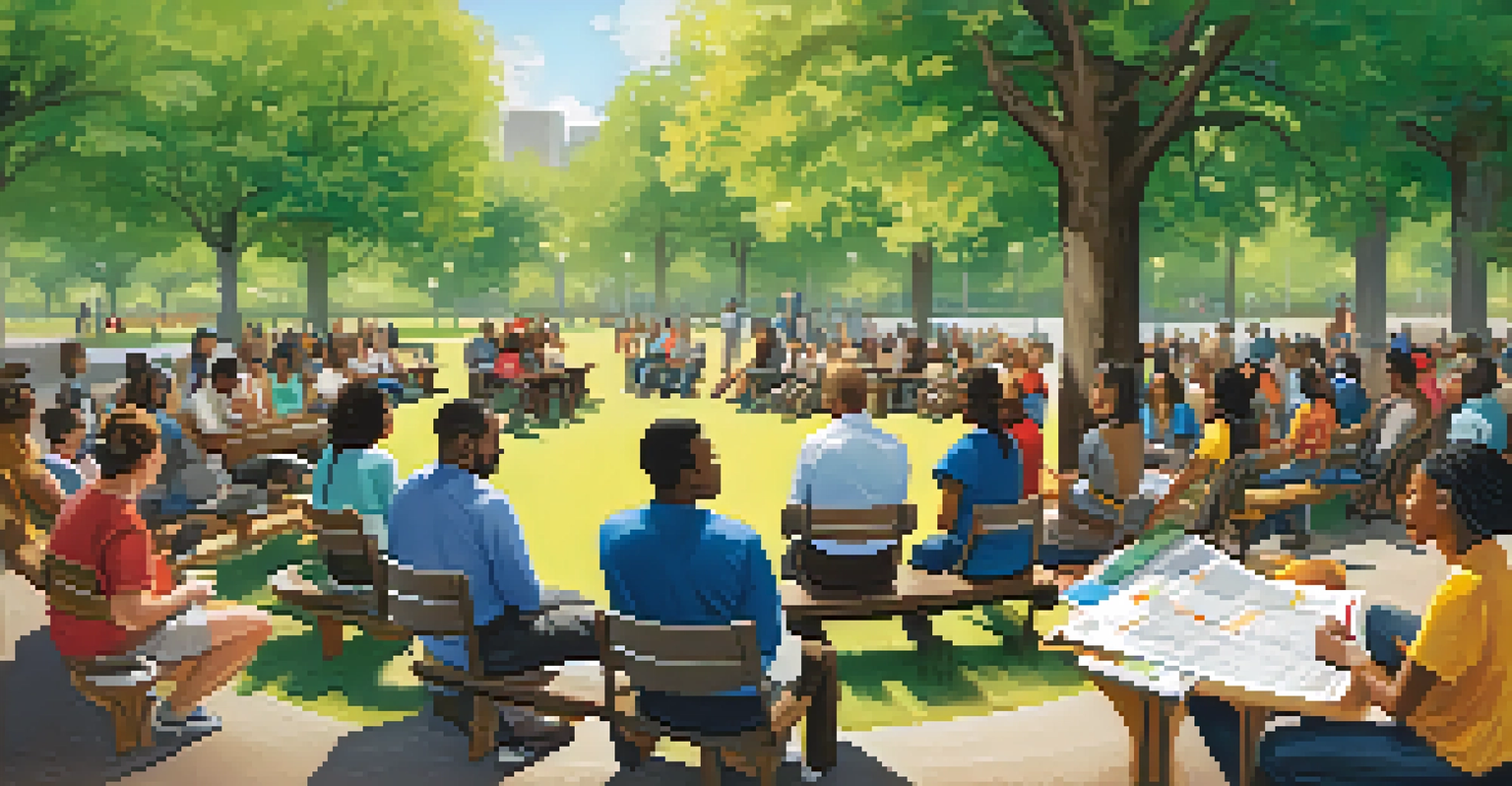 A diverse group of people in a park discussing investment strategies during a community workshop.