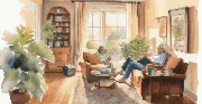 An elderly couple in a sunny living room looking at financial documents, surrounded by family photos and houseplants.