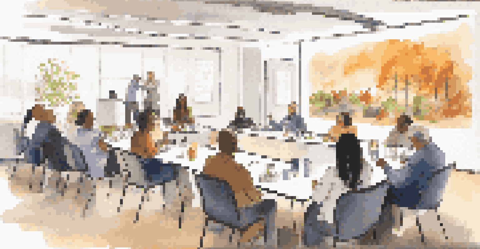 A diverse group of people in a workshop about socially responsible investing, with educational materials and warm lighting.