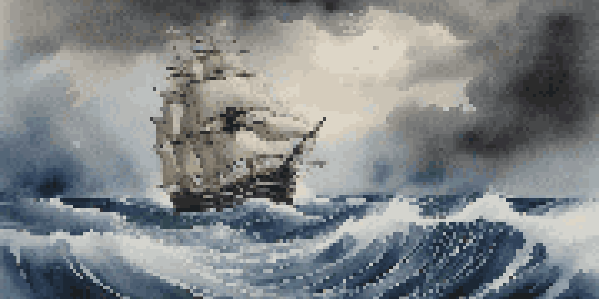 A wooden sailboat navigating through stormy seas, surrounded by large waves and dark clouds, symbolizing resilience.
