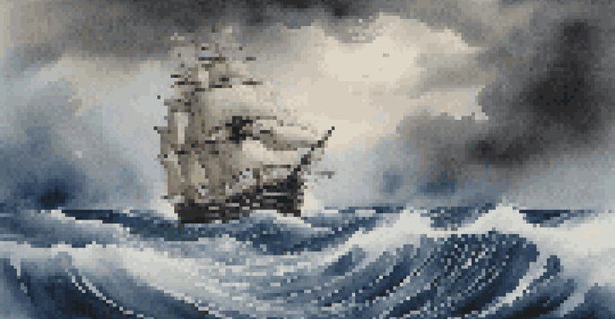 A wooden sailboat navigating through stormy seas, surrounded by large waves and dark clouds, symbolizing resilience.