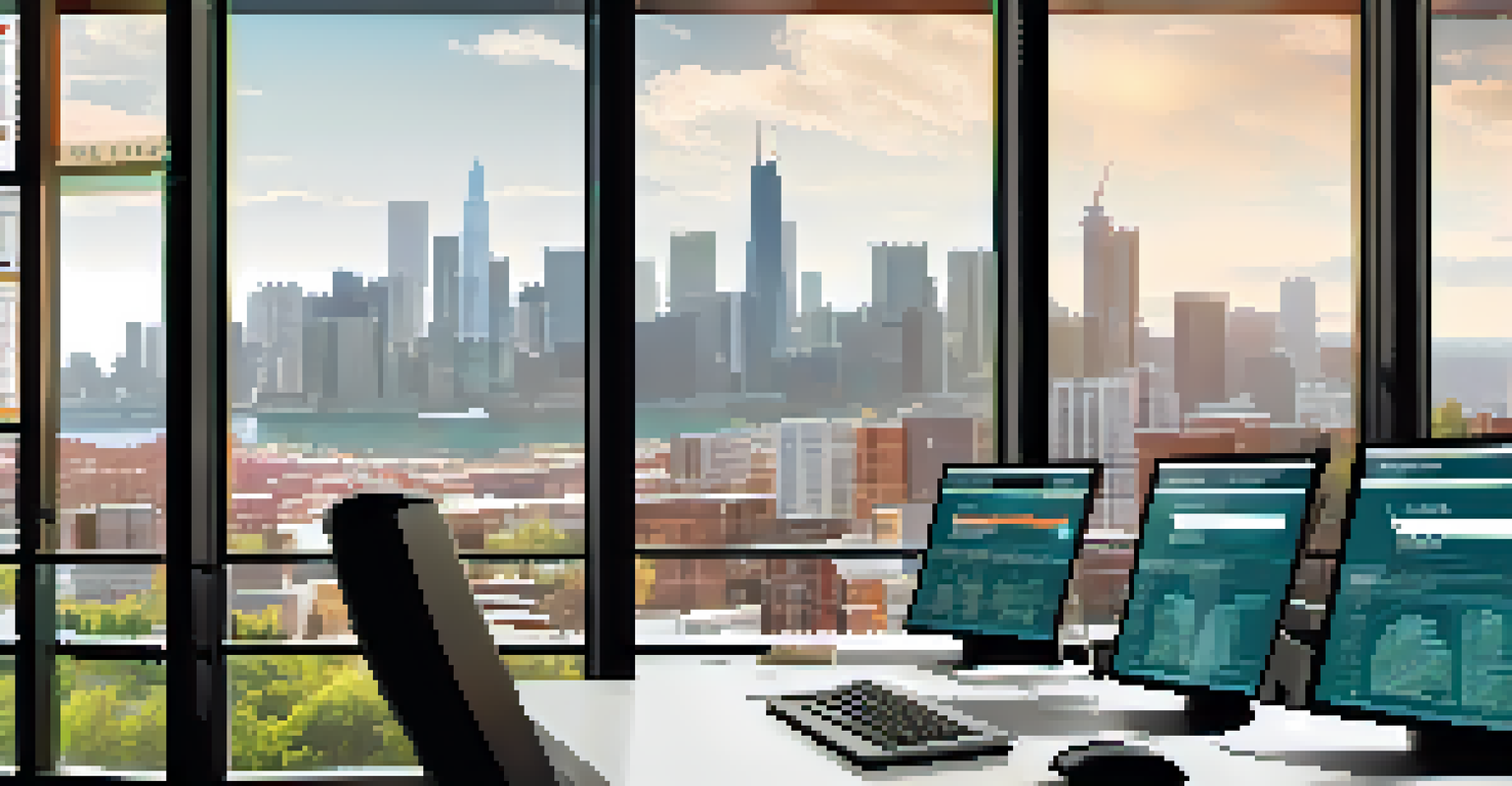 An infographic showcasing a financial blog post on a computer screen, set in a modern office with city skyline views.