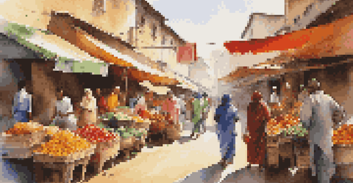 A busy street market in an emerging market with colorful stalls and people shopping.