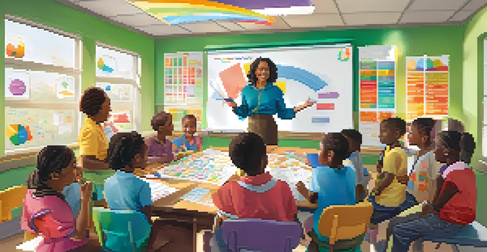 A classroom filled with diverse children learning about budgeting from a female instructor using a colorful whiteboard.