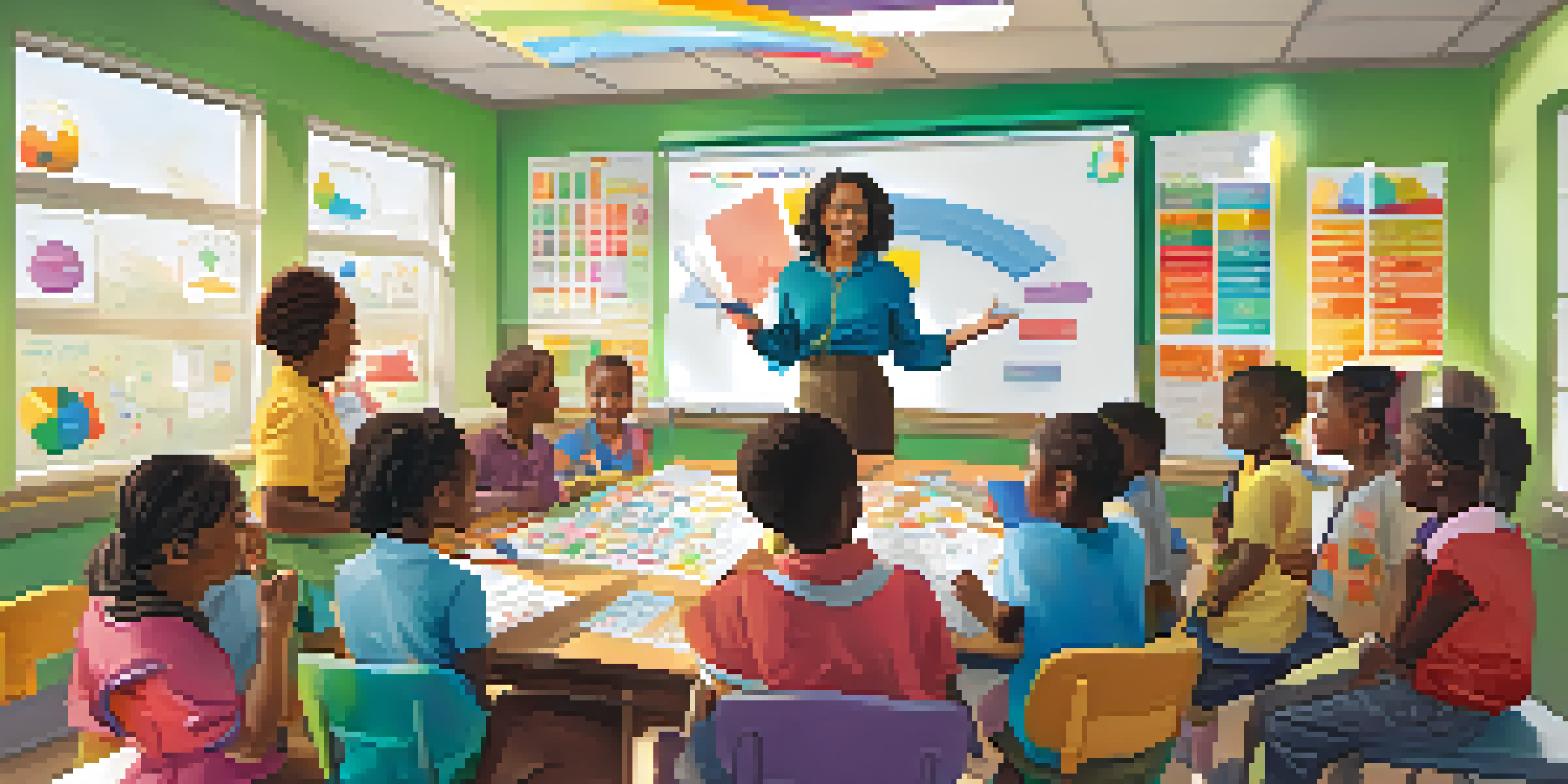 A classroom filled with diverse children learning about budgeting from a female instructor using a colorful whiteboard.